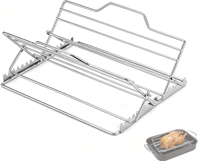 Roasting Rack for 9x13 Inch Pan, Adjustable Turkey Rack for Roasting Pan V-Shaped, Made of Stainless Steel, Keeps Food Elevated and Improves Airflow, Easy to Clean, Ideal for Turkey and Chicken