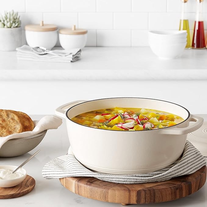 Amazon Basics Enameled Cast Iron Dutch Oven Pot with Lid, Round, Dual Handles, Heavy-Duty, Oven Safe for Stews, Roasting, Baking, 7.3-Quart, Matte White - Image 6
