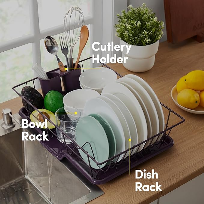Space-Saving 3-Piece Dish Drainer Rack Set: Efficient Kitchen Organizer for Quick Drying and Storage - Includes Cutlery Holder and Drainboard - Maximize Countertop Space, Eggplant Purple - Image 5