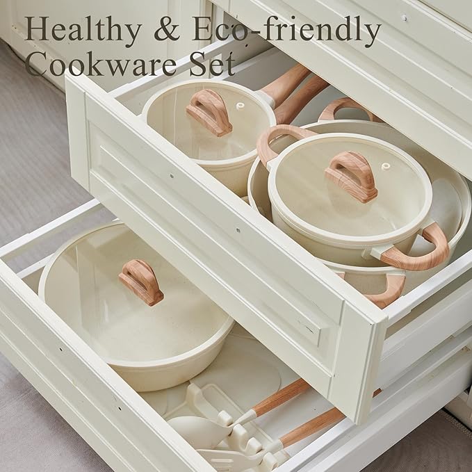 22 Pcs Pots and Pans Set Non Stick Non-Toxic Ceramic Kitchen Cookware Sets Nonstick Pot&Pan With Lid Cream White Granite Induction Compatible with Glass Lids Crepe - Image 7
