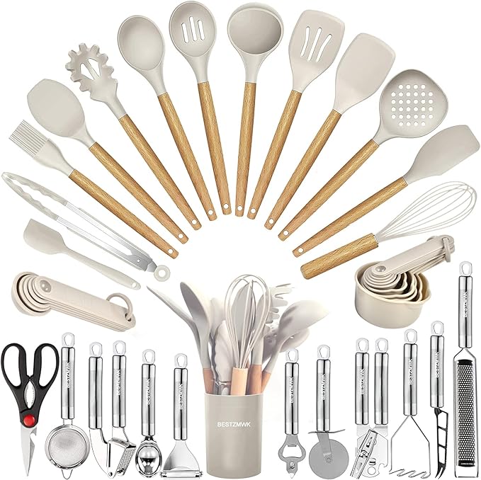 Kitchen Utensils Set- 35 PCs Cooking Utensils with Grater,Tongs, Spoon Spatula &Turner Made of Heat Resistant Food Grade Silicone and Wooden Handles Kitchen Gadgets Tools Set for Nonstick Cookware by BESTZMWK
