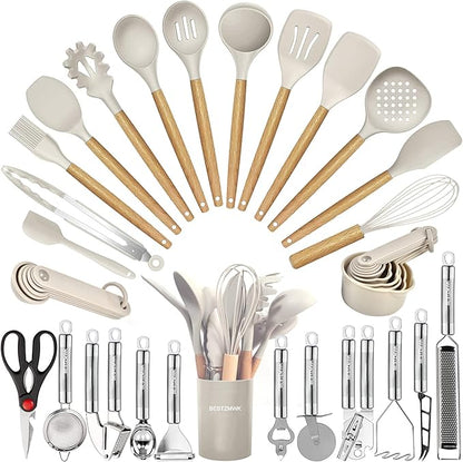 Kitchen Utensils Set- 35 PCs Cooking Utensils with Grater,Tongs, Spoon Spatula &Turner Made of Heat Resistant Food Grade Silicone and Wooden Handles Kitchen Gadgets Tools Set for Nonstick Cookware by BESTZMWK