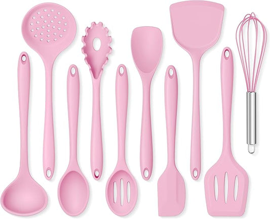 Onader Silicone Cooking Utensils Set, 10 Pieces Kitchen Utensils Set, Pink Kitchen Gadgets Tools Kit for Nonstick Cookware