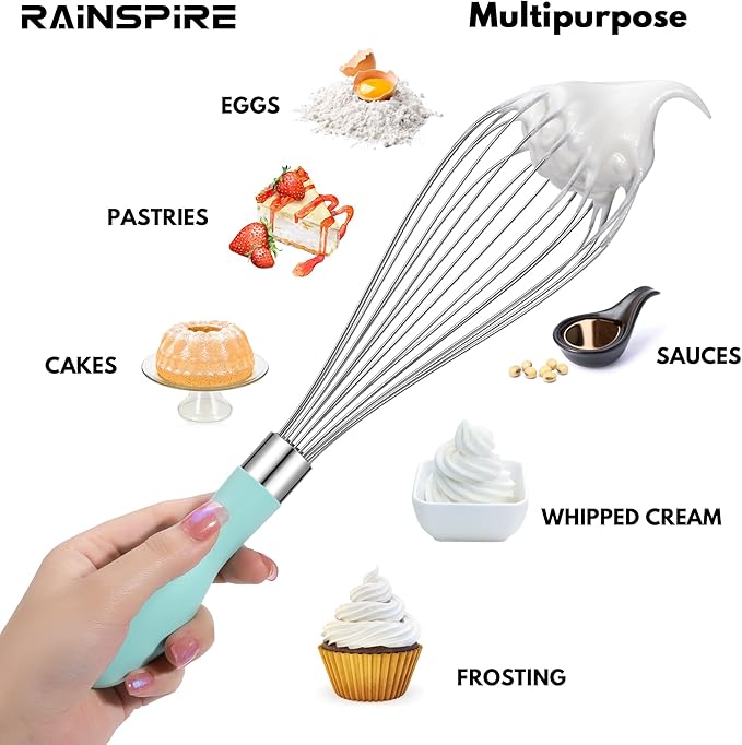 Rainspire 12-Inch Wire Whisk Stainless Steel, Balloon Whisks for Cooking, Wisk Wisking Tool With Soft Silicone Handle, Thick Durable Whisker for Blending, Beating, Whisking, Stirring, Mint Green - Image 5