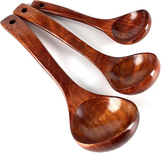 HANSGO Wooden Ladle for Soup, 3 Size Wooden Spoons for Deep Pot & Bowl, Heat Resistant Handles, Non-Stick Wood Kitchen Utensils Set for Cooking, Serving and Stirring Thick Stews, House Warming Gifts