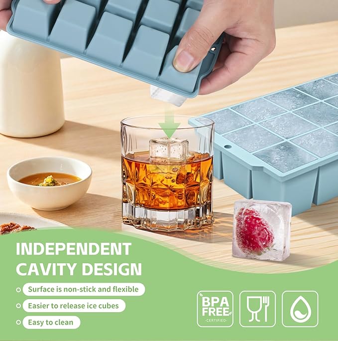 Silicone Ice Cube Tray with Locks Lids 4 Pack, Easy Release Flexible 15 Square Ice Trays for Freezer, Stackable & Reusable Ice Cube Mold for Whiskey, Cocktails, Baby Food, BPA Free