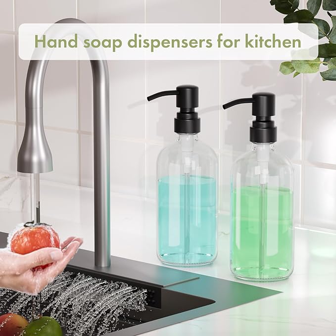 AmazerBath Soap Dispenser, 2 Pack Glass Soap Dispenser with Stainless Steel Pump, 17 Oz Bathroom Hand Soap Dispensers Bottle for Bathroom & Kitchen, Clear & Black - Image 7