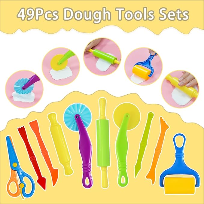 LCY WEDSHI Dough Tool Set, 49 Pcs Dough Tools Sets for Kids Ages 4-8, Dough Accessories Includes Animal Molds, Cutters Roller, Rolling Pins, Safety Scissors, Plastic Knife - Image 3