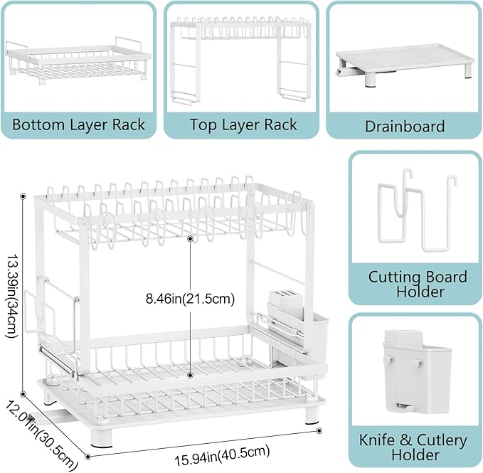 Multifunctional Dish Drying Rack - Rustproof, 2-Tier Dish Racks with Drainboard, Space-Saving Design, Utensil & Cup Holder for Kitchen Counter, White - Image 6