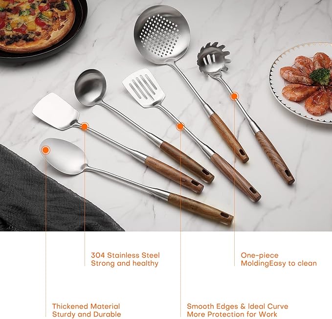 6 Pcs Cooking Utensils Set 304 Stainlss Steel Kitchen Utensils Set Heat Resistant Wooden Handle Kitchen Tools Metal Kitchen Utensil Soup Ladle Set, Dishwasher Safe - Image 3