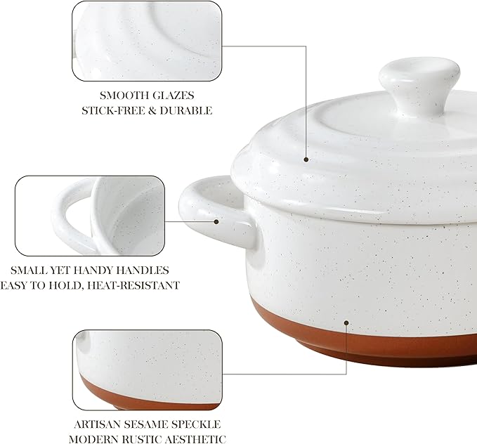 MALACASA Mini Cocotte Set - 12 OZ Small Casserole Dishes for Oven, Ramekins with Lids and Handles, Ceramic Mini Dutch Oven Set of 4, Microwave & Dishwasher Safe, Khaki White, Series TARA - Image 5