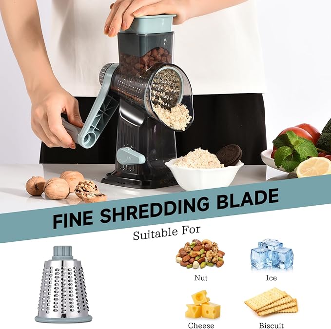 Rotary Cheese Grater with Handle Kitchen Shredder Slicer Grater Slicer Ice Shaver Cheese Vegetable Nuts Potato Zucchini Chocolate 3 Interchangeable Blades (GreyBlue) - Image 5