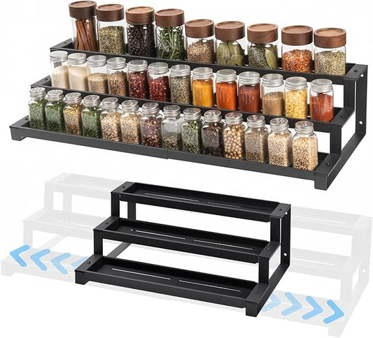 3-Tier Spice Rack Organizer for Kitchen Cabinet or Pantry, 16"-29" Expandable Spice Organization Shelf, Seasoning Organizer, Metal Display Shelf, Slip-Resistant Design for Jars and Bottles, Black by GOENDR