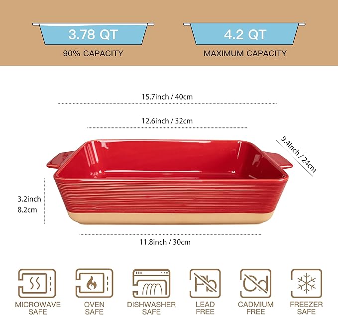 Dafuceramic Casserole Dish for Oven, 4.2 QT Baking Dish, 9x13 Large Porcelain Baking Pan, Durable Rectangular Lasagna Pan Deep with Handles, Microwave Oven Safe, Home Decor, Wedding Gift,(Khaki & Red) - Image 2