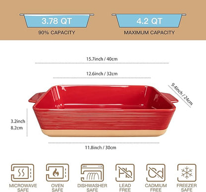 Dafuceramic Casserole Dish for Oven, 4.2 QT Baking Dish, 9x13 Large Porcelain Baking Pan, Durable Rectangular Lasagna Pan Deep with Handles, Microwave Oven Safe, Home Decor, Wedding Gift,(Khaki & Red) - Image 2