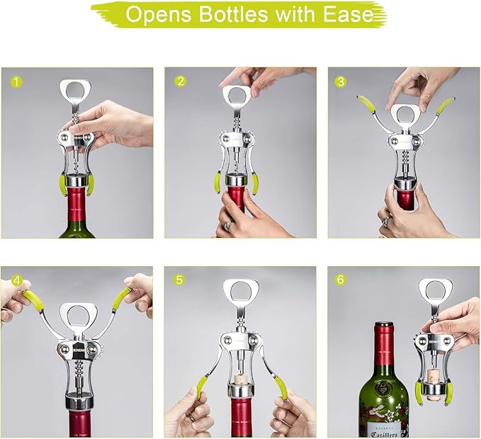 Beneno Wine Opener, Zinc Alloy Premium Wing Corkscrew with Multifunctional Bottles Opener, Sharp Wine Corkscrew with Ergonomic Non-Slip Wing Handle, Green - Image 2