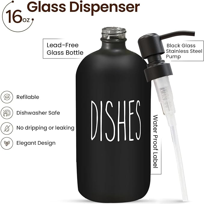 Sunrise Premium 16 OZ Thick Black Glass Soap Dispenser, Matte Black Stainless Steel Pump 2 Pack, Hand and Dish Soap Dispenser Set for Bathroom with 6 Waterproof Labels - Image 2