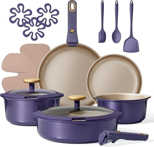 CAROTE 19 Pcs Pots and Pans Set, Nonstick Cookware Sets with Detachable Handle, Purple Dishwasher Safe, Oven Safe, Cookware Non Stick Cooking Set w/Frying Pans & Saucepans(PFOS, PFOA Free) by CAROTE