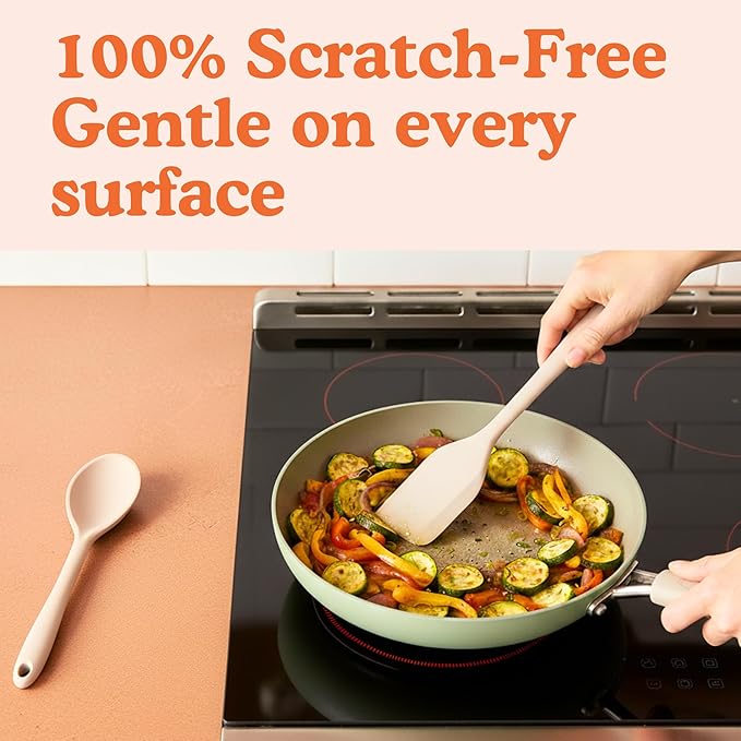 Non-Toxic Platinum Silicone Kitchen Utensil Set of 2 – Non-Scratch Cooking Spoon & Spatula, 100% Plastic Free, Stainless Steel Core, Heat Resistant 500°F, Beige - Image 5