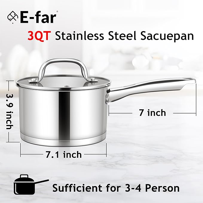 E-far Stainless Steel Saucepan with Lid, 3 Quart Sauce Pan Induction Pot for Cooking, Boiling, Compatible with All Stoves, Healthy & Non Toxic, Oven & Dishwasher Safe - Image 2