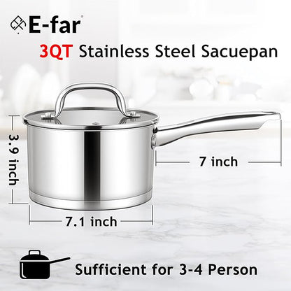 E-far Stainless Steel Saucepan with Lid, 3 Quart Sauce Pan Induction Pot for Cooking, Boiling, Compatible with All Stoves, Healthy & Non Toxic, Oven & Dishwasher Safe - Image 2