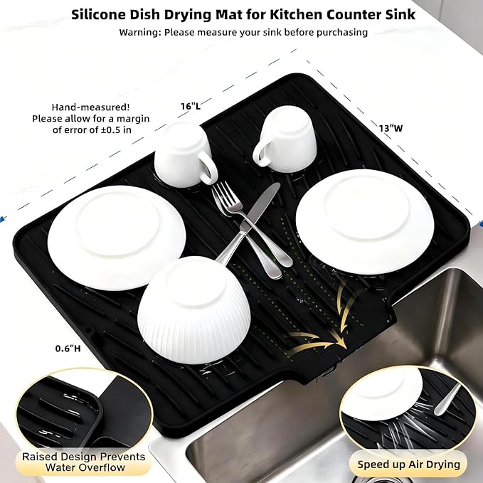 Silicone Dish Drying Mat for Kitchen Counter Sink,16"x13" Black Rubber Dish Drying Mat with Drain Lip & Lanyard,Non-Slip dish drying Pad,silicone drying mat dish drain mat - Image 2