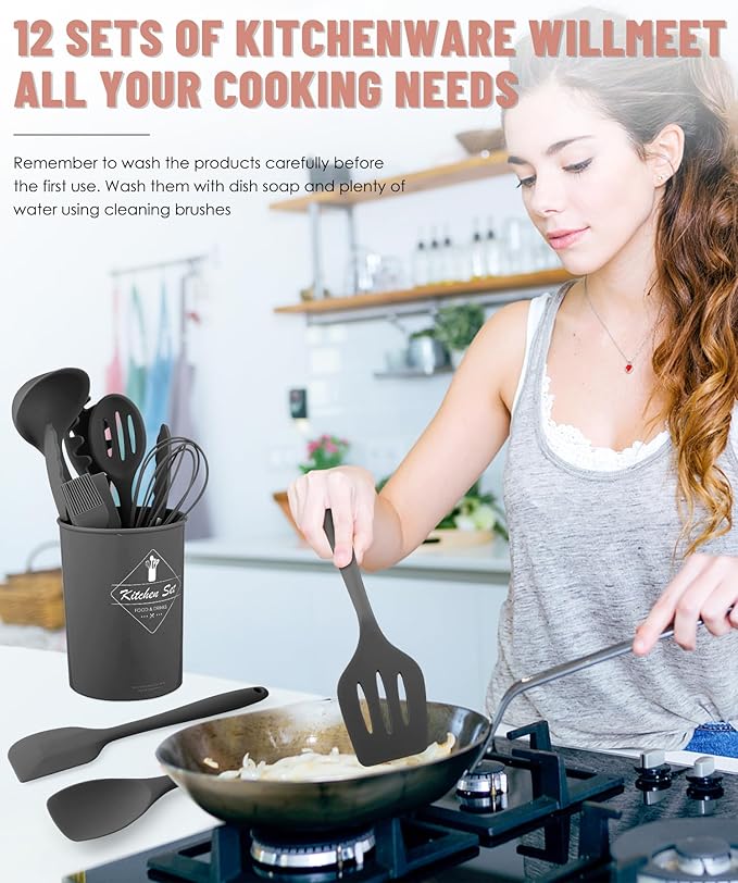 Kitchen Utensils Set-12 Pieces Silicone Cooking Utensils Set (Dishwasher Safe) 392°F Heat Resistant Spatula Set, Nonstick Cookware - Image 4