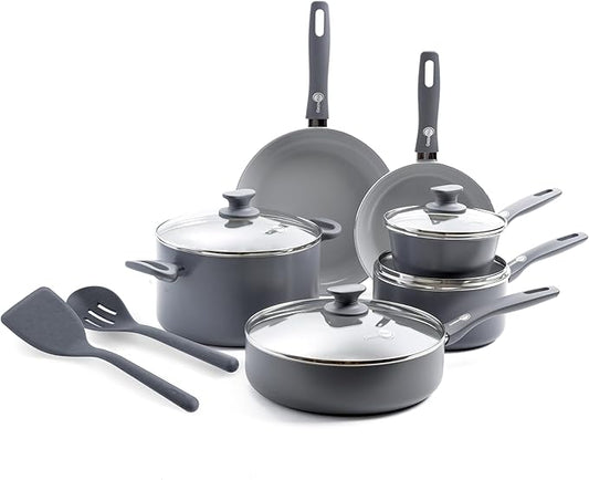 GreenPan Dover Healthy Ceramic Nonstick, 12 Piece Cookware Pots and Pans Set, PFAS-Free, Dishwasher Safe, Comfort Grip Handle, Gray