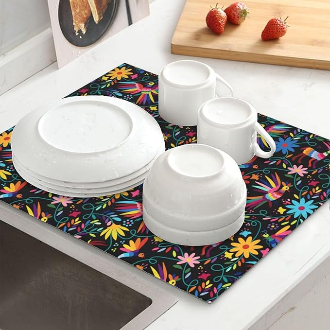 Mexican Folk Art Otomi Dish Drying Mats for Kitchen Counter, Absorbent Microfiber Washable Drying Pad, Decorative Cute Kitchen Mat for Sink & Dining Area, Gifts for Christmas, Home Decor, 16x18 inch