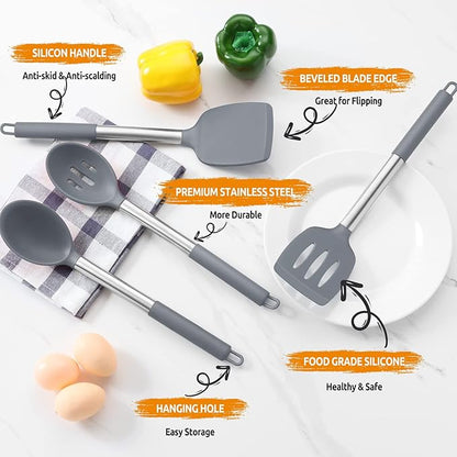 Cooking Utensils Set of 4, E-far Silicone Kitchen Utensils for Non-stick Cookware, Heat Resistant & Non-toxic Slotted Spatula Solid Spoon Turner for Flipping Mixing Serving Basting(Grey) - Image 4