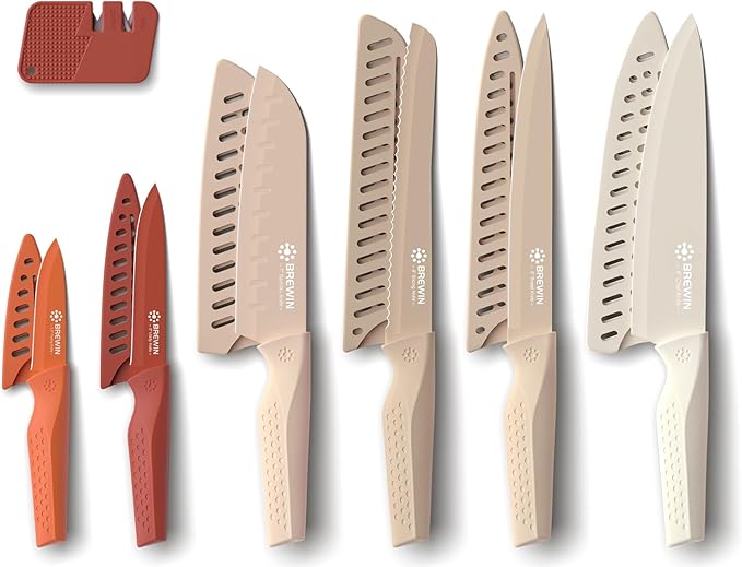 Brewin Knife set, 13 Pieces Kitchen Knives Set with Sharpener, Anti-Rust Coating and Blade Guard, Home Essentials, Camping Essentials - Muliticolor by EnjoyEveryCutWithBrewin
