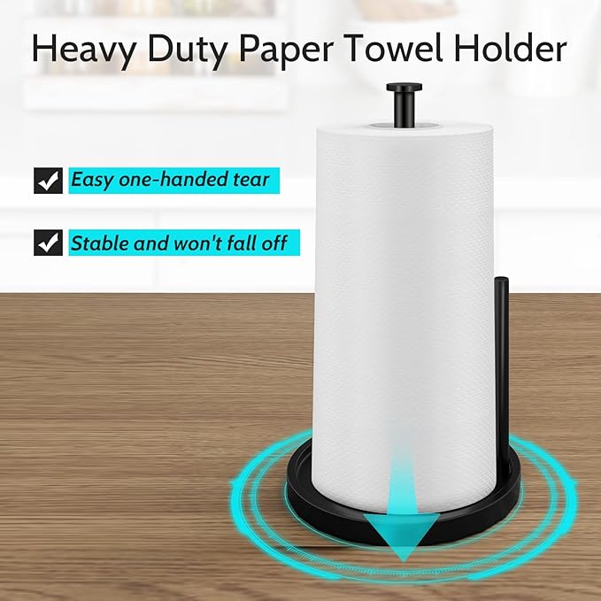 Paper Towel Holder Countertop, Standing Paper Roll Holder with Anti Slip Weighted Base, Stainless Steel Freestanding Paper Towel Holder for Kitchen, Black - Image 5