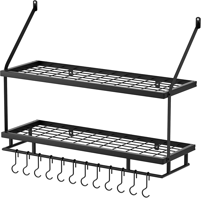 KES 30-Inch Kitchen Pot Rack - Mounted Hanging Rack for Kitchen Storage and Organization - Matte Black 2-Tier Wall Shelf with Guard Rail for Pots and Pans Organizer with 12 Hooks - KUR215S75B-BK - Image 7