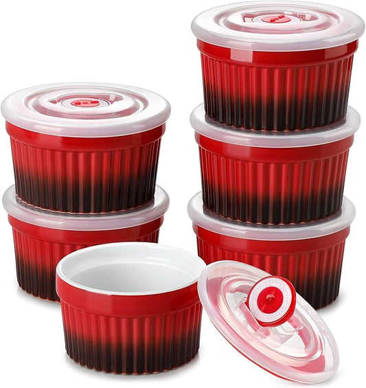 vancasso 8 oz Ramekins with Lid, Porcelain Creme Brulee Souffle Dishes, Red Pudding Custard Cups Ramiken for Baking, Dishwasher and Oven Safe, Set of 6 by vancasso
