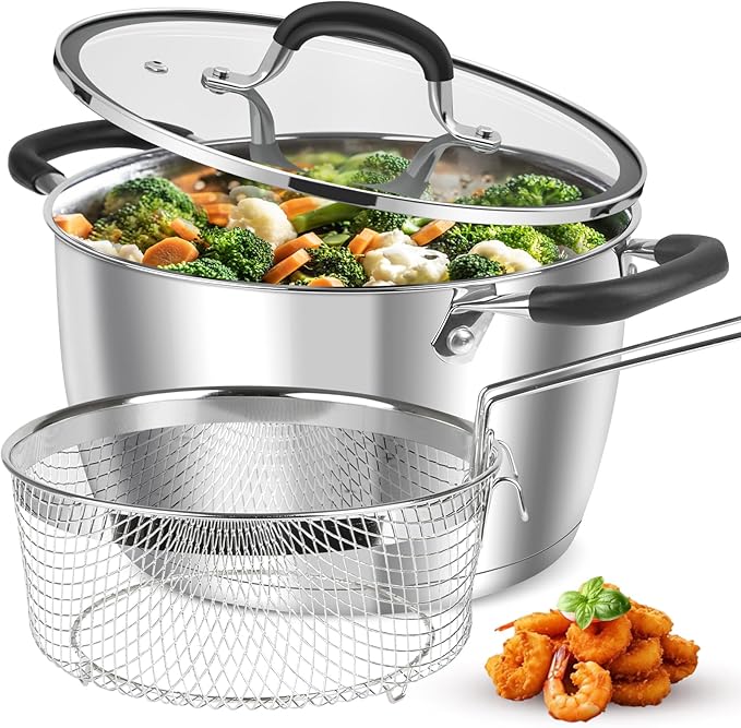 AOSION 6 Quart Stainless Steel Stock Pot with Lid, Deep Fryer Basket for Kitchen Colander Frying Cooking Steaming, 6QT Large Stock Pot for Cooking, Induction Ready, Compatible with All Stoves by AOSIONUSA