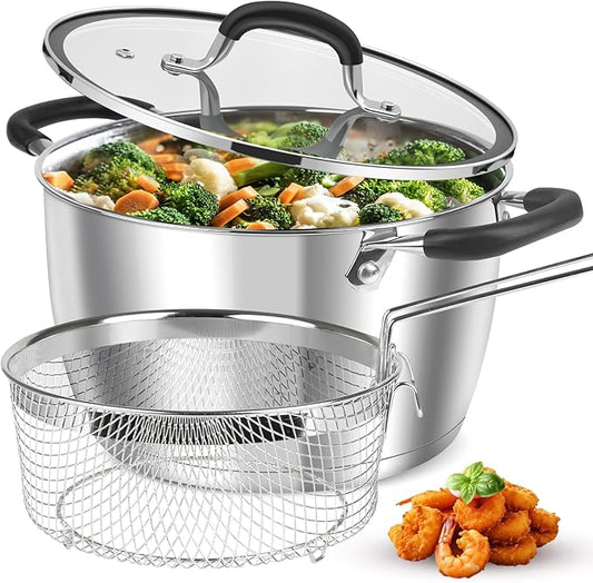 AOSION 6 Quart Stainless Steel Stock Pot with Lid, Deep Fryer Basket for Kitchen Colander Frying Cooking Steaming, 6QT Large Stock Pot for Cooking, Induction Ready, Compatible with All Stoves by AOSIONUSA