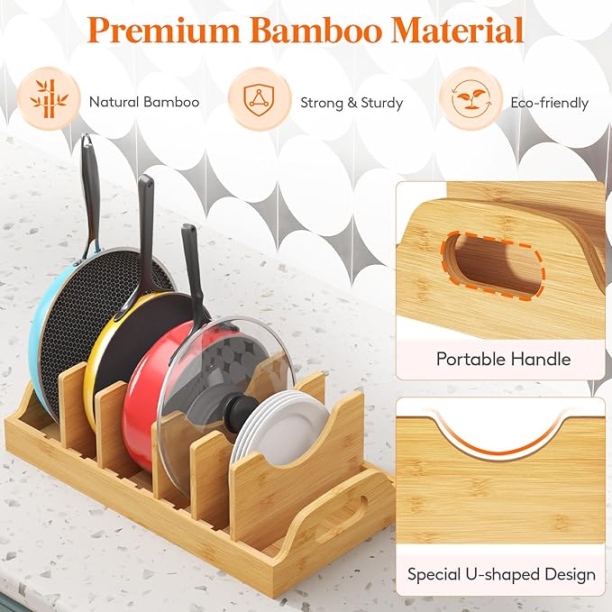 Lifewit Bamboo Pot Lid Organizers for Inside Cabinet, Pan Lid Holder with 6 adjustable Inserts & 7 Sections, Kitchen Pantry organizer and storage, Extra Large, 15.6" X 8.1"/40 x 21cm - Image 4