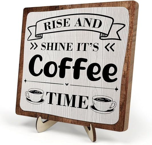 Coffee Bar Sign Plaque, Coffee Signs for Coffee Station, Vintage Coffee Sign Decor for Kitchen, Coffee Bar Accessories, Coffee Themed Gifts, Farmhouse Cafe Sign,Coffee & Tea Bar Decor Signs (Gray&Brown, 5.9x5.9inches) by DMADNF