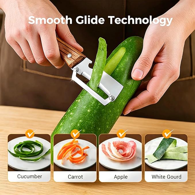 2-in-1 Multifunctional Vegetable Peeler, Premium Vegetable Peeler with Wooden Handle and Bottle Opener, Kitchen Tool for Fruit Apple Potato Pumpkin Papaya (2PCS) - Image 6