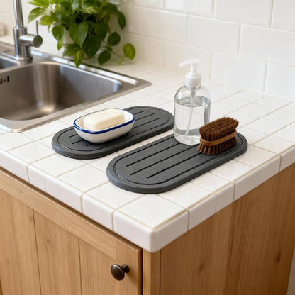 Razborci 2PCS Water Absorbing Stone Drying Tray Mat for Bathroom Sink & Kitchen Counter Faucet Organizer Decor, Quick Dry Dish Soap Dispenser Sponge Holder, Vanity Caddy Coaster,Dark Gray -10"*3.8"