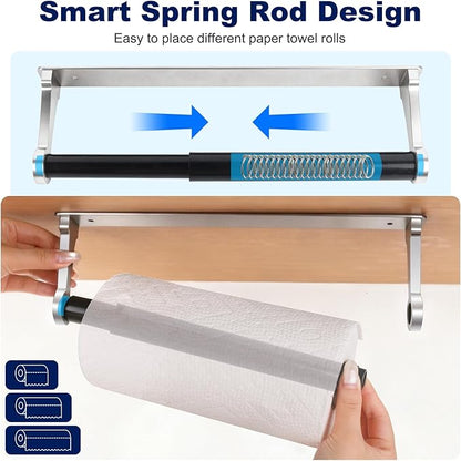 Paper Towel Holder Wall Mount Adhesive Paper Towel Holder Under Cabinet Toilet Roll Hanging Holders Rack for Kitchen Bathroom Garage Counter, Anti-Drop Upgraded Telescopic Rod Design Roll, Silver