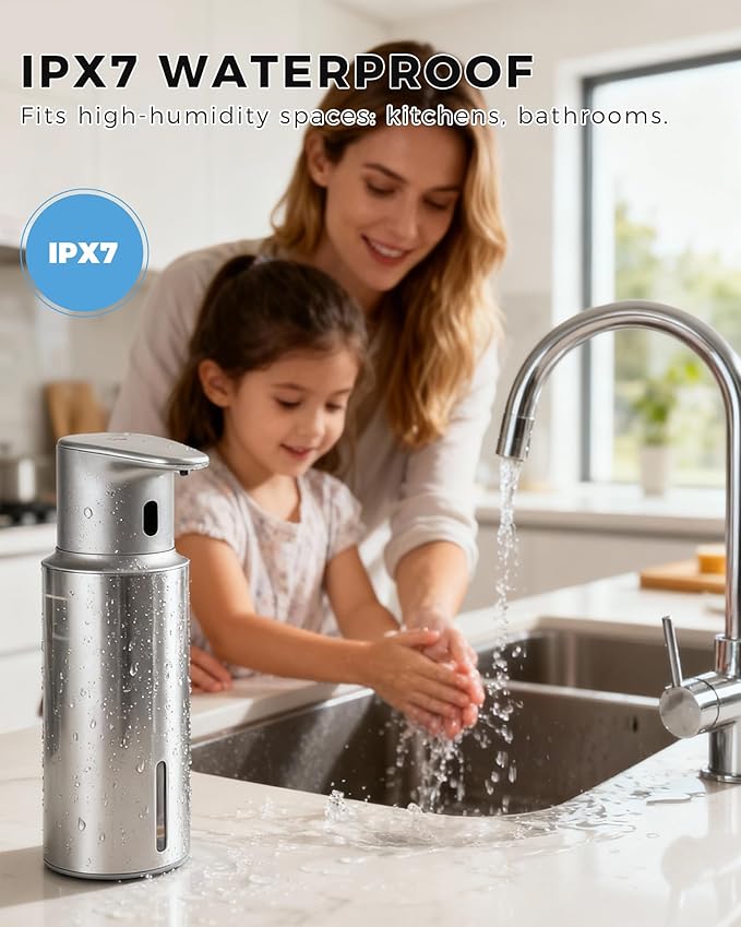 Automatic Liquid Soap Dispenser Touchless, 304 Stainless Steel Bottle Body &16.2oz/480ml Rechargeable, 3 Adjustable Liquid Levels, IPX7 Waterproof, for Kitchen Bathroom, Stainless Steel - Image 7