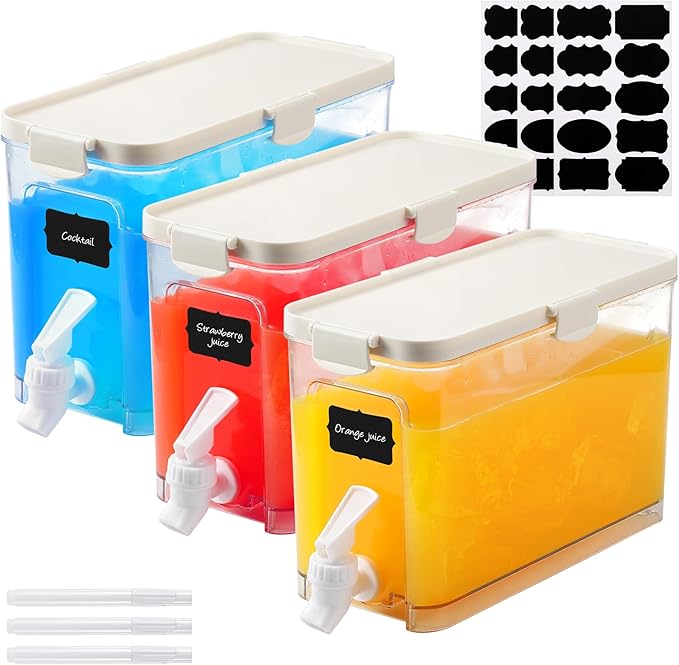 Mumufy 3 Set Plastic Drink Dispensers for Parties Beverage Dispenser for Fridge with Spigot Iced Juice Lemonade Container with Labels and Pens Summer Party Supplies(1 Gallon,White) by Mumufy