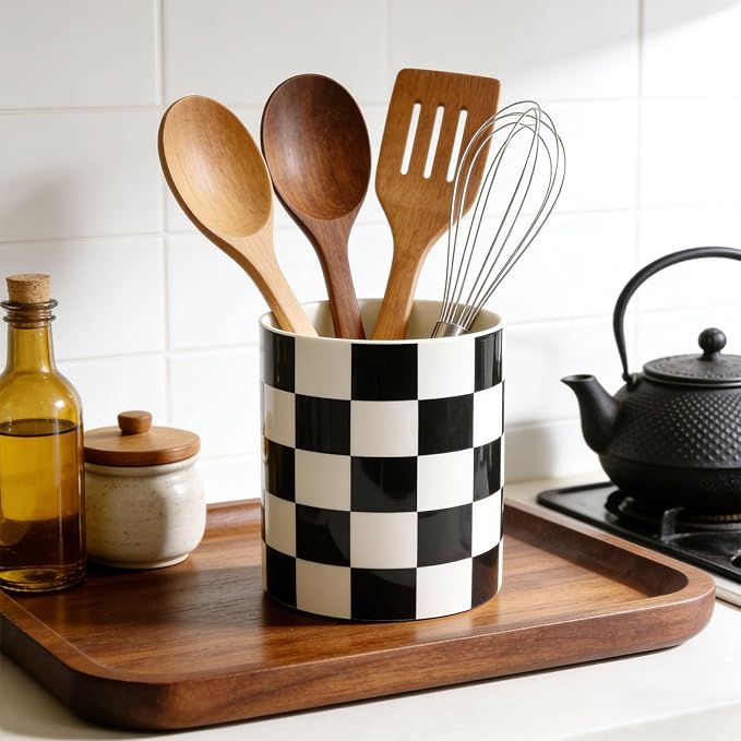 Utensil Holder for Kitchen Counter 7.2" Ceramic Utensil Holder Deep and Stable ,Kitchen Utensil Organizer, Modern Checkered Utensil Holder for Decor
