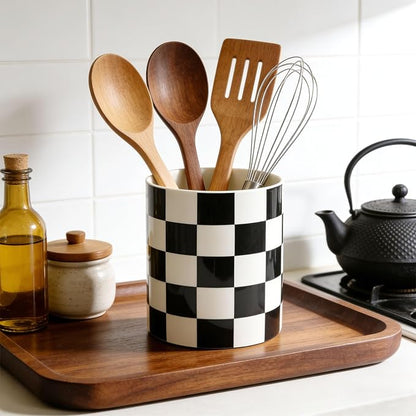 Utensil Holder for Kitchen Counter 7.2" Ceramic Utensil Holder Deep and Stable ,Kitchen Utensil Organizer, Modern Checkered Utensil Holder for Decor