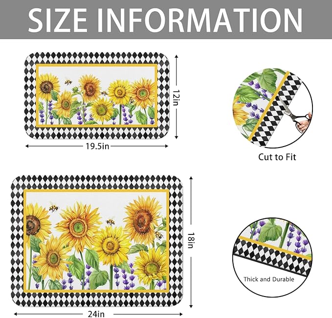 Dish Drying Mat for Kitchen Counter 2 Pack with Non-Slip Rubber Backing - Heat-Resistant Absorbent Coffee Bar Mat, Dish Rack Mat, Sunflower Dish Drying Mats 18x24+19.5x12 inch