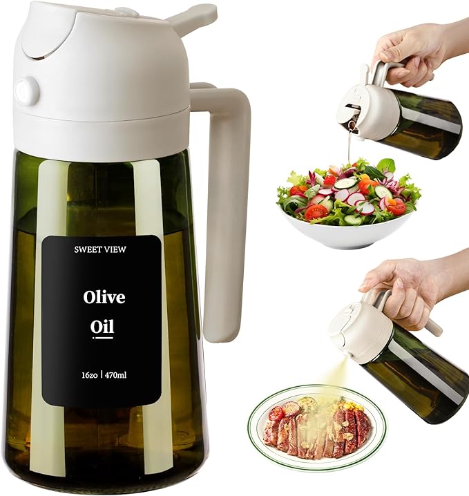 SWEET VIEW Olive Oil Dispenser and Oil Sprayer – 16oz/470ml Glass Light-Proof Oil Pourer for Kitchen, Air Fryer, Cooking, Salad, and BBQ by SWEETVIEW