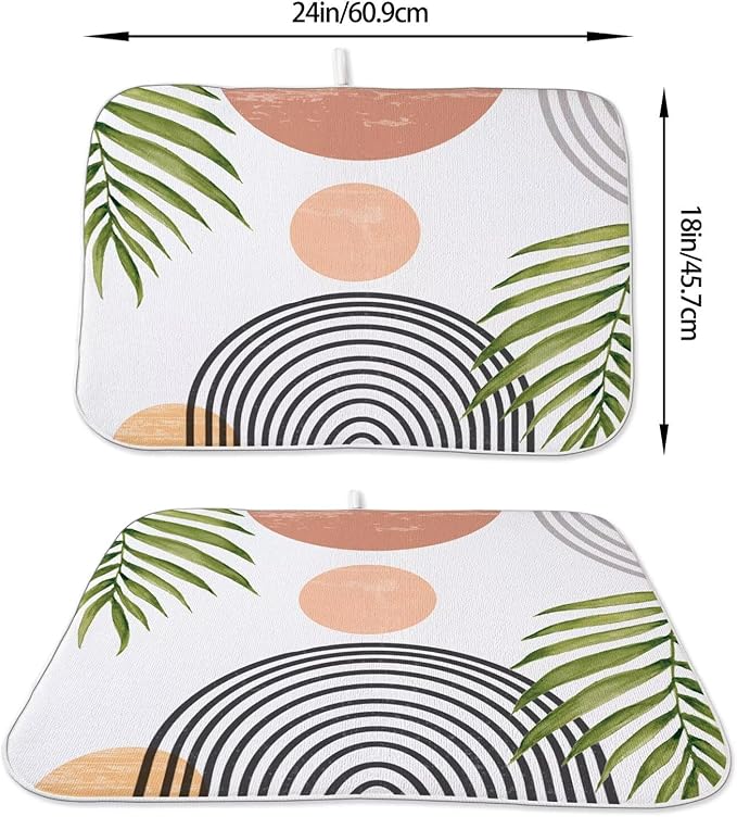 Boho Mid Century Dish Drying Mat 18 x 24 inch, Summer Abstact Coral Sunset Green Palm Leaf Decorative Drying Mats Microfiber Absorbent Dish Washable Draining Mat for Kitchen Counter Decor