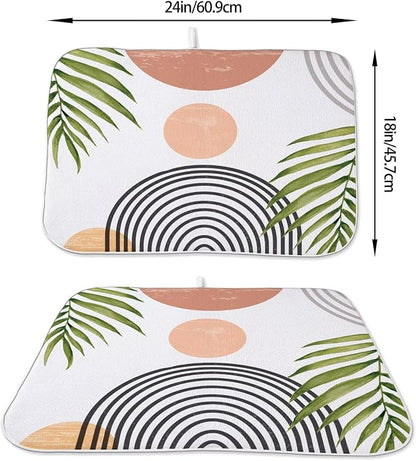Boho Mid Century Dish Drying Mat 18 x 24 inch, Summer Abstact Coral Sunset Green Palm Leaf Decorative Drying Mats Microfiber Absorbent Dish Washable Draining Mat for Kitchen Counter Decor