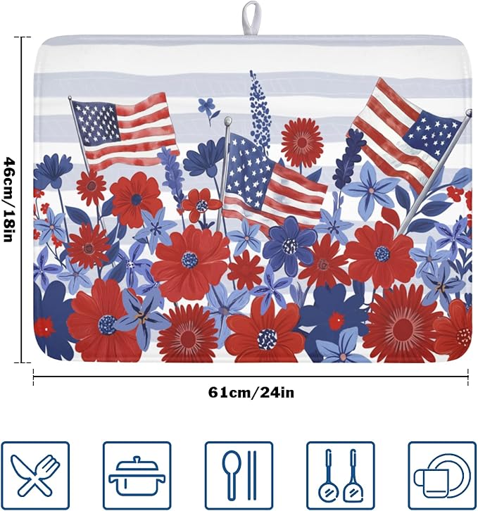 Patriotic Floral Dish Drying Mat for Kitchen Counter 4th of July American Flag Microfiber Dish Drainer Mat Red and Blue Flower Absorbent Washable Drying Pad 18"x24"